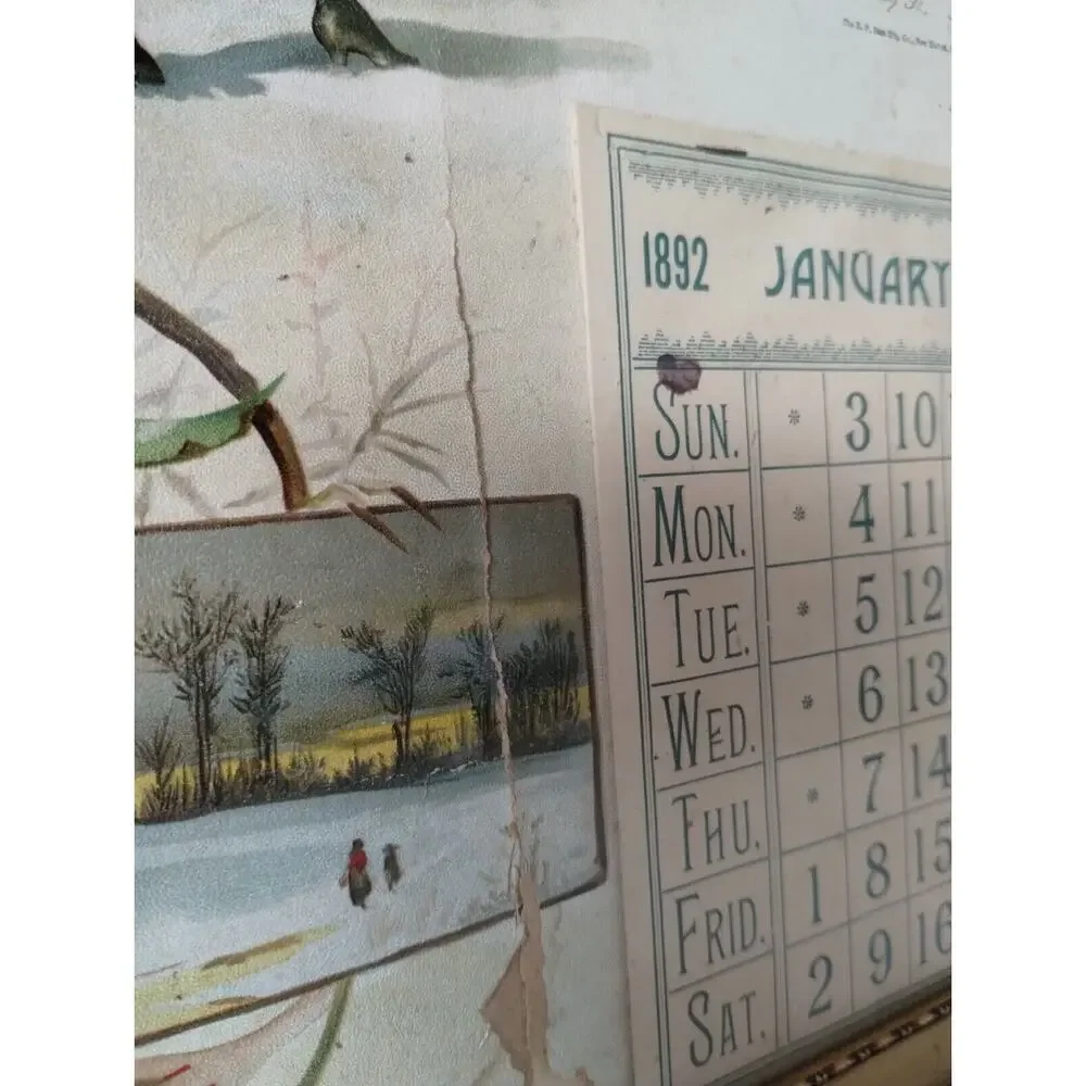 Antique Calendar with Days on the Side - 1892 - Clothing Advertisement - Damaged